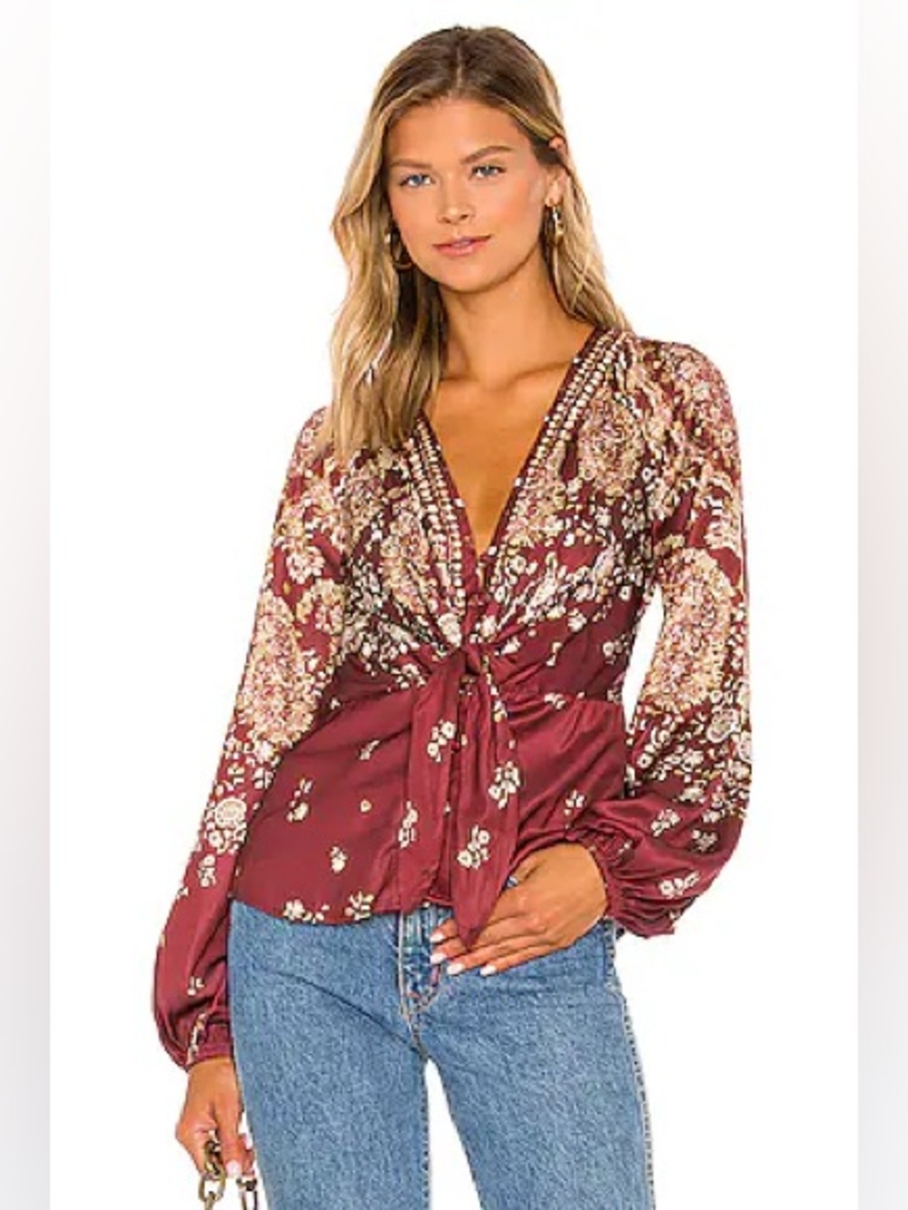 Free People Run Free Tunic Wine Chocolate Combo Floral Tie Blouse Small